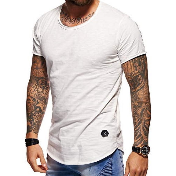 behype. Men's Basic Crewneck Casual Fashion Hipster T-Shirt Muscle Longline Tee Casual Premium Top D-1703 (XXX-Large, White)