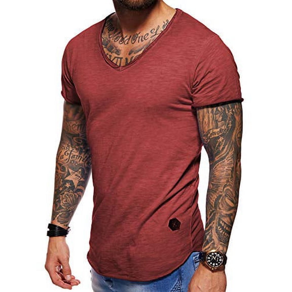 behype. Men's Basic V-Neck Casual Fashion Hipster T-Shirt Muscle Longline Tee Casual Premium Top D-1702 (X-Large, Red (wash))