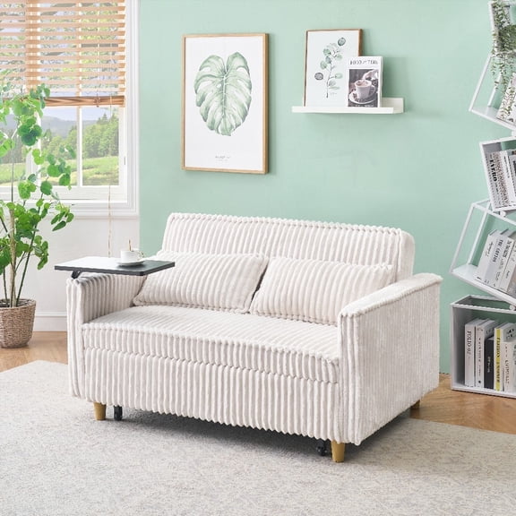 The beige corduroy sofa features a movable tabletop on one armrest for convenient laptop use while watching TV or working. With rollers at the bottom and easy assembly