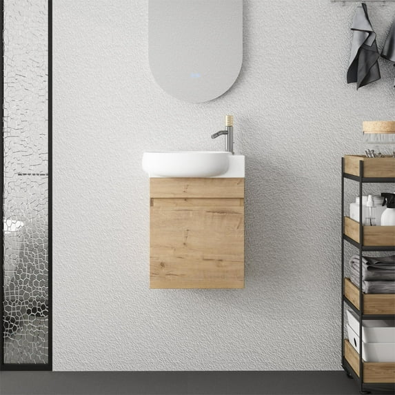 beingnext 16"/18" Mini Bathroom Vanity with Sink for Small Bathroom, Floating Bathroom Vanity with Soft Close Door Imitative Oak 16.8"W-Ceramic Sink