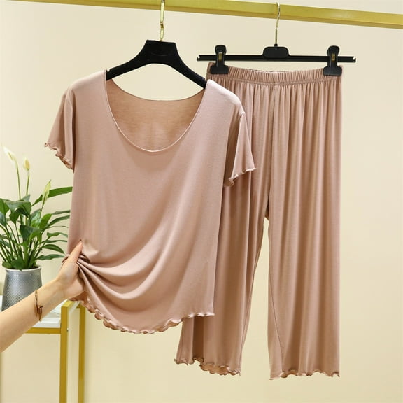 beishanbush Clothing 2025 2025 Women's Sleepwear Women's Nylon Suit Women's Solid Color Pajamas Round Neck Short Sleeved Pajamas And Capris Pajama Set