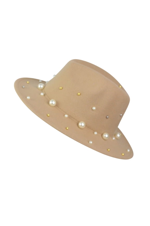 Baseball Caps Ladies Fashion Fedora Hat Panama Hat with Handmade Pearls Khaki