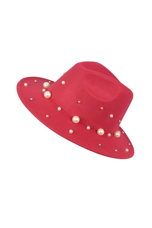 Baseball Caps Ladies Fashion Fedora Hat Panama Hat with Handmade Pearls Red