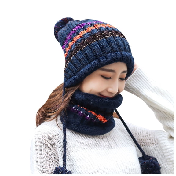 beishanbush Baseball Caps Women's Color Block Warm Plus Thicken Scarf and Hat Two-Piece Knit Windproof Cap Navy