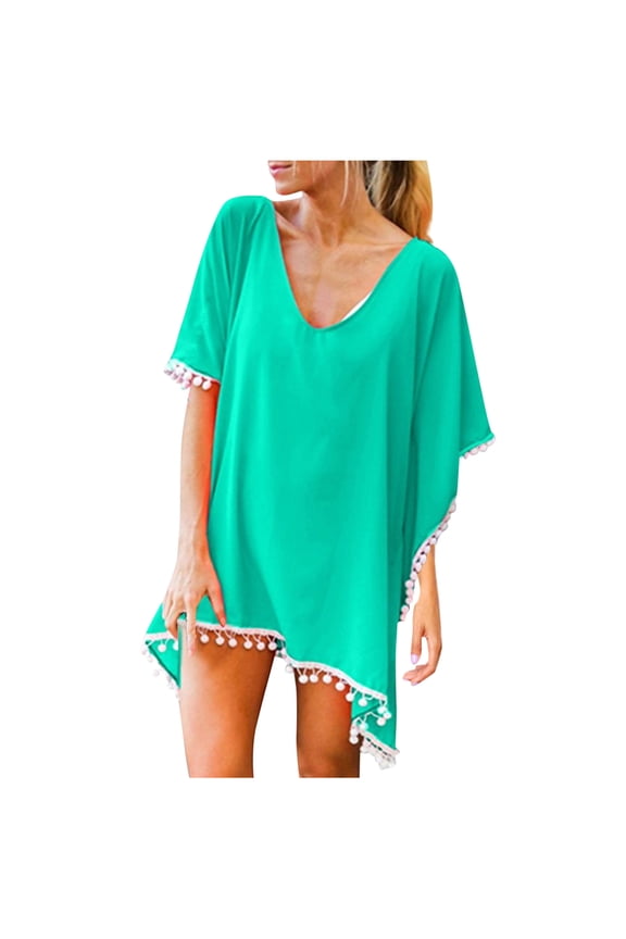 Beach towel Up Bikini Tassels Women Beach Chiffon Cover Swimwear Loose Trim Kaftan Beach Towel Mint Green