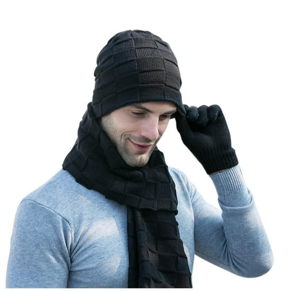 beishanbush Clearance Sales Bomber Hats Men's Winter Knitted Windproof Hat Scarf Gloves Three-piece Winter Knitted Hat Men's Warm Hat Black