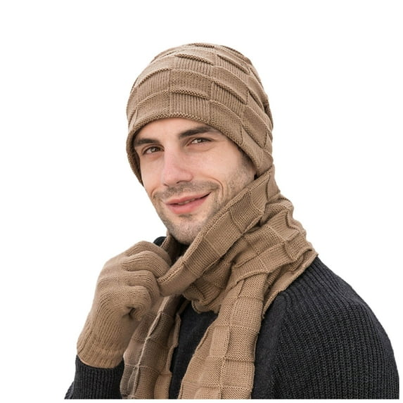 beishanbush Bomber Hats Men's Winter Knitted Windproof Hat Scarf Gloves Three-piece Winter Knitted Hat Men's Warm Hat Khaki