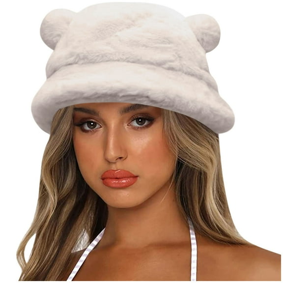 beishanbush Clothing 2025 Bucket Hats Cute Bear Ear Basin Hat Winter Thick Warm Hat Bucket Cap for Women Men Beige