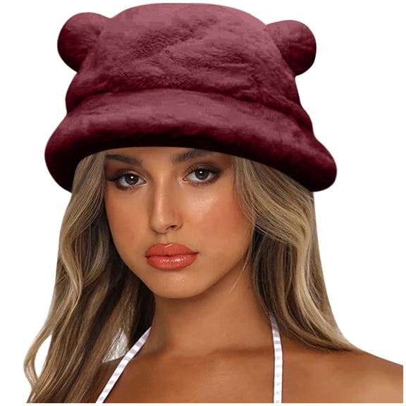 beishanbush Clothing 2025 Bucket Hats Cute Bear Ear Basin Hat Winter Thick Warm Hat Bucket Cap for Women Men Red