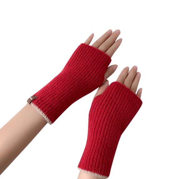 beishanbush Gloves Mittens Women Autumn and Winter Cute Solid Two Color Half Knitted Wool Gloves Red