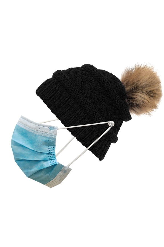 Hats Women Solid Stitching Outdoor Plush Hats Crochet Knit Beanie Cap Button Peaked Cap Black