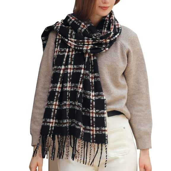 beishanbush Scarf Women's Autumn and Winter Colorful Plaid Shawl Thickening Warm Fringe Scarf Scarf Black