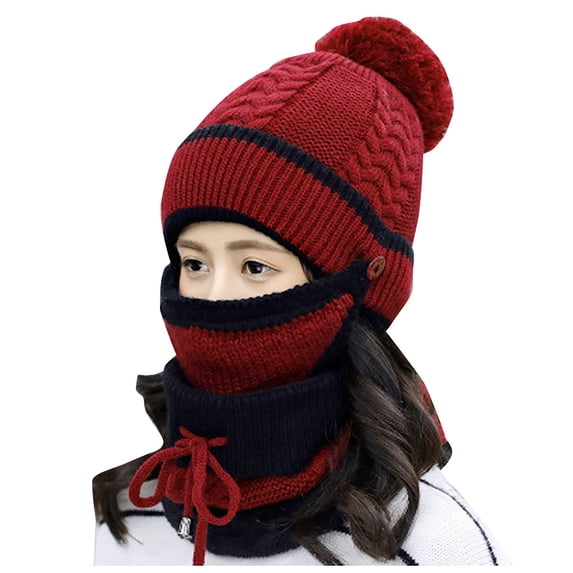 beishanbush Baseball Caps Adult Windproof Hat Cycling Skiing Knit Hat Scarf Mask Sets Warm Knitted Cap Red