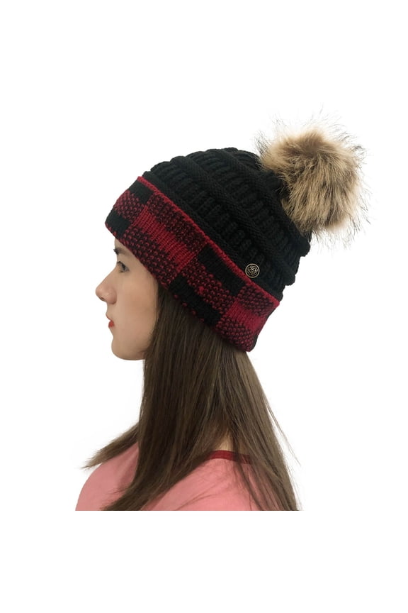 Baseball Caps Women Plaid Stitching Outdoor Plush Hats Crochet Knit Button Beanie Cap Red