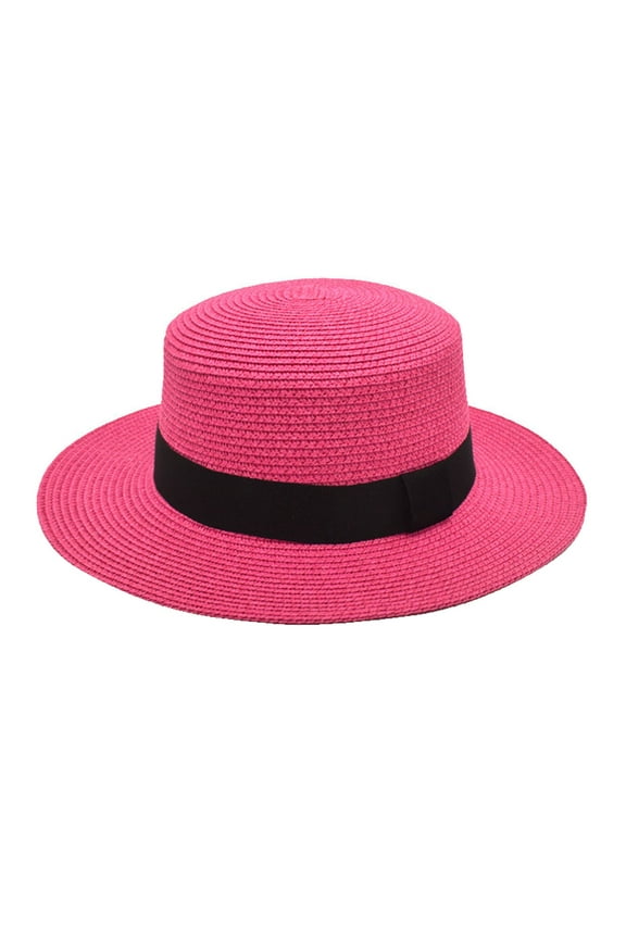 Bucket Hats Mens and Womens Square Buckle Dome Panama Lafite Flat Top Straw Hat Summer Travel Sunshade Sun Hat Beach Big Brim Hat Hot Pink