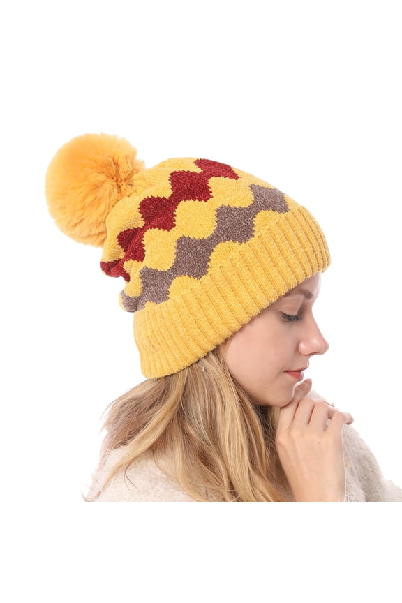 Hats Cable Knit Pom Poms Lined Yellow