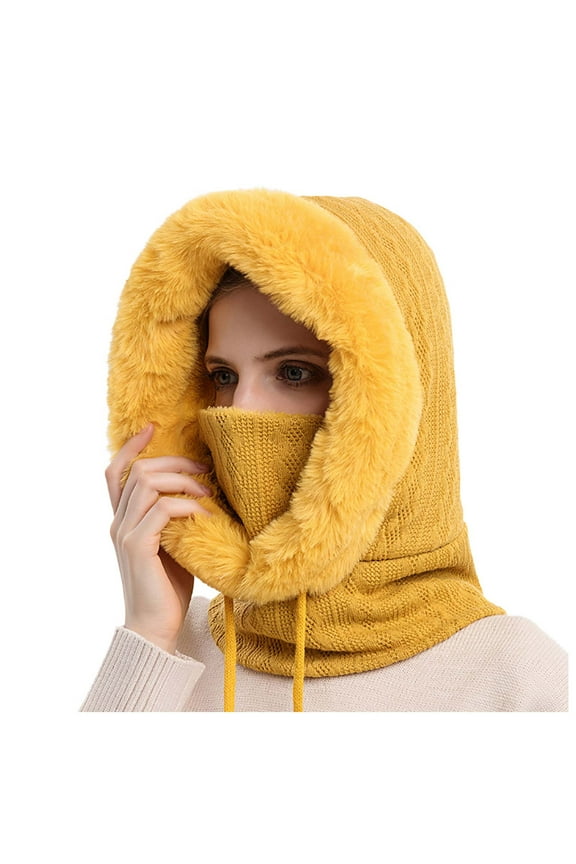 Hats Women Winter Outdoor Riding Headgear Cold-Proof Ski Cap Warm Bib Face Mask Integrated Cold-Proof Hood Hat Yellow