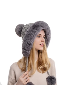 Hats Women's Pullover Hat with Three Balls Outdoor Thickening Plus Velvet Cold and Warm Pure Color Knitted Hat Grey