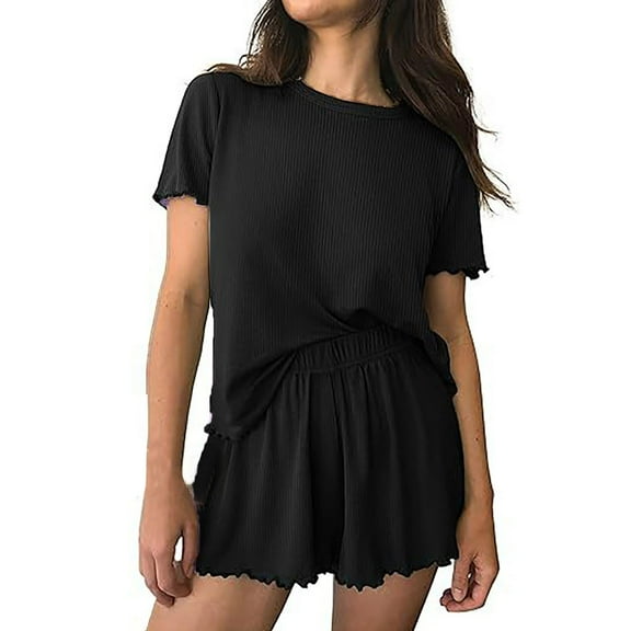 beishanbush Clothing 2025 Women Pajama Sets Under $10 Womens Pajamas 2 Ribbed Knit Short Sleeve Sleepwear Set