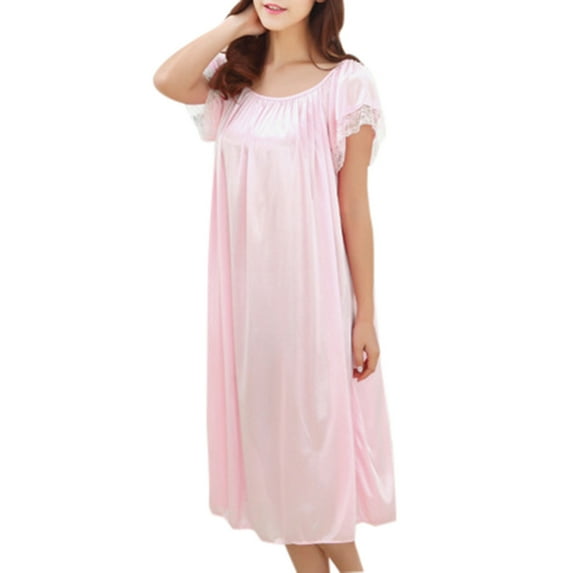 beishanbush Underwear Under $10 Women Summer Home Lace Ice Silk Short Sleeve Loose Plus Oversize Nightgown Dress