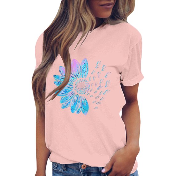 beishanbush Summer Sales Saving $10 Basic Tees Casual Tshirts Women's Solid Print T-Shirt,Round Neck Short Sleeve Loose Under $10
