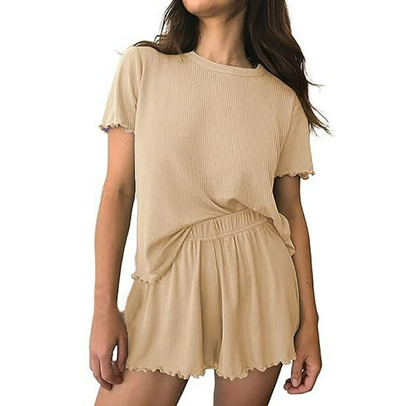 beishanbush Clothing 2025 Women Pajama Sets Under $10 Womens Pajamas 2 Ribbed Knit Short Sleeve Sleepwear Set