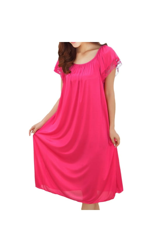 Women Clothing Underwear Under $10 Women Summer Home Lace Ice Silk Short Sleeve Loose Plus Oversize Nightgown Dress