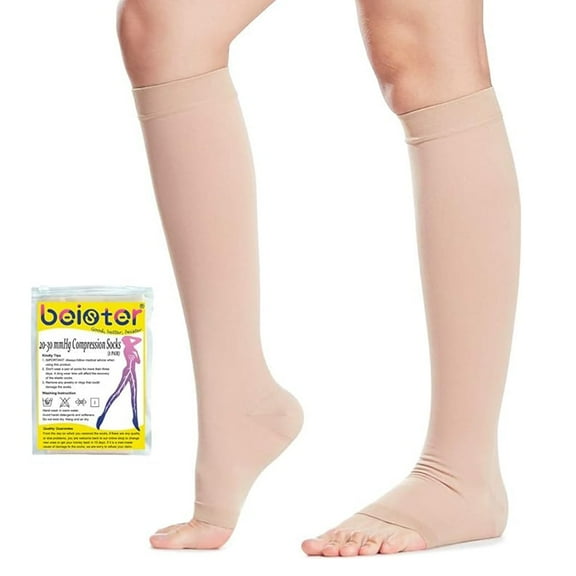 beister Open Toe Compression Socks 20-30mmHg - Medical Anti-Embolism for Post-Surgery & Diabetic Care, Knee-High for Women & Men, Black (2 Count)