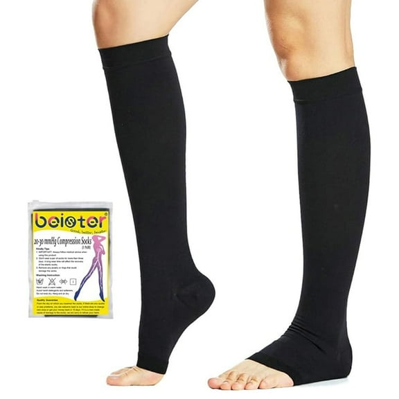 beister Open Toe Compression Socks 20-30mmHg - Medical Anti-Embolism for Post-Surgery & Diabetic Care, Knee-High for Women & Men, Black (2 Count)