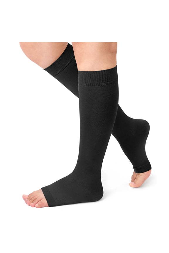 Open Toe Compression Socks 20-30mmHg - Medical Anti-Embolism for Post-Surgery & Diabetic Care, Knee-High for Women & Men, Black (2 Count)