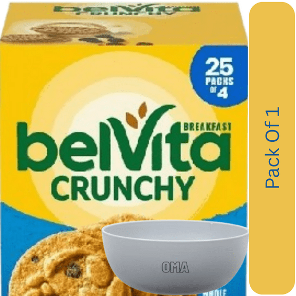 belVita Blueberry Breakfast Biscuits, 4 Biscuits Per Pack, 25 Count With White Bowl By OMA