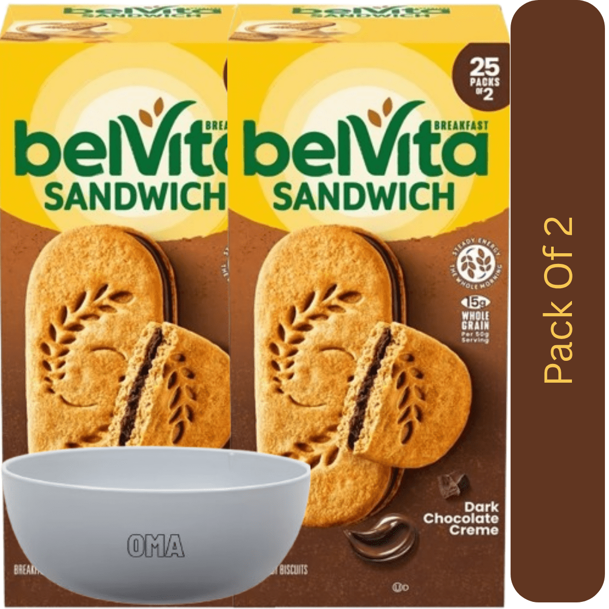 belVita Breakfast Biscuits Dark Chocolate Creme, 25 Count With White Bowl By OMA