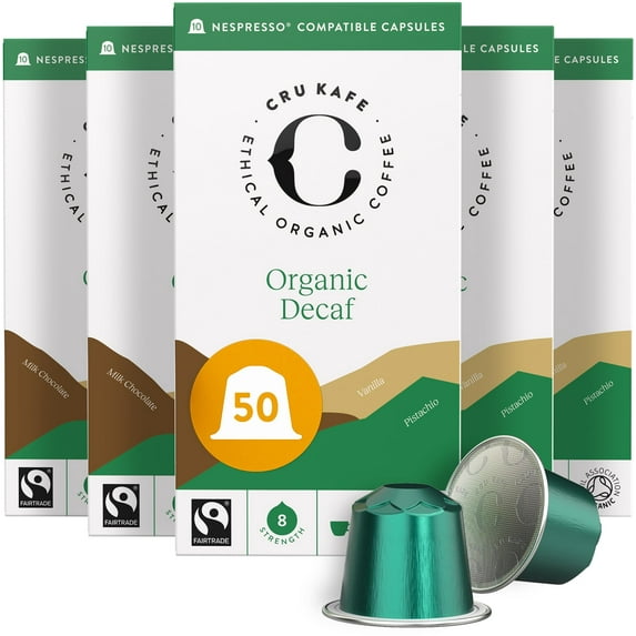 Cru Kafe Decaf USDA Organic Espresso AIS1 Coffee Capsules (50 Pods) Fairtrade Coffee Pods Compatible with Nespresso Original Line and Pixie Machines
