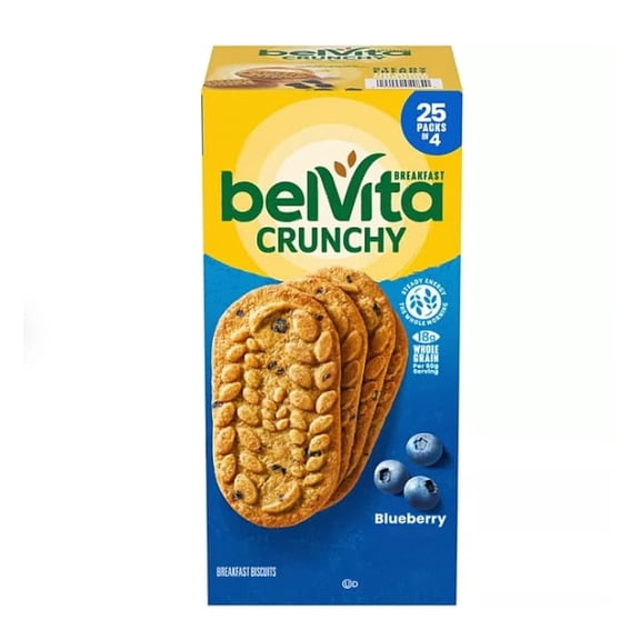 belVita Crunchy Blueberry Breakfast Biscuits 25 Packs, 4 Biscuits Per Pack