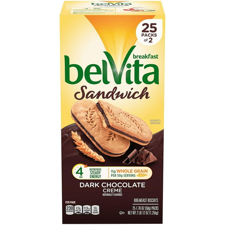 belVita Breakfast Biscuits, Dark Chocolate Creme Breakfast Sandwich, 1.76 oz Pack, 25 PK/Carton, Ships in 1-3 Business Days belVita Breakfast Biscuits, Dark Chocolate Creme Breakfast Sandwich, 1.76 oz Pack, 25 PK/Carton, Ships in 1-3 Business Days