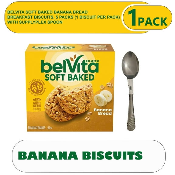 belVita Soft Baked Banana Bread Breakfast Biscuits, 5 Packs 1 Biscuit Per Pack with supplyplex spoon