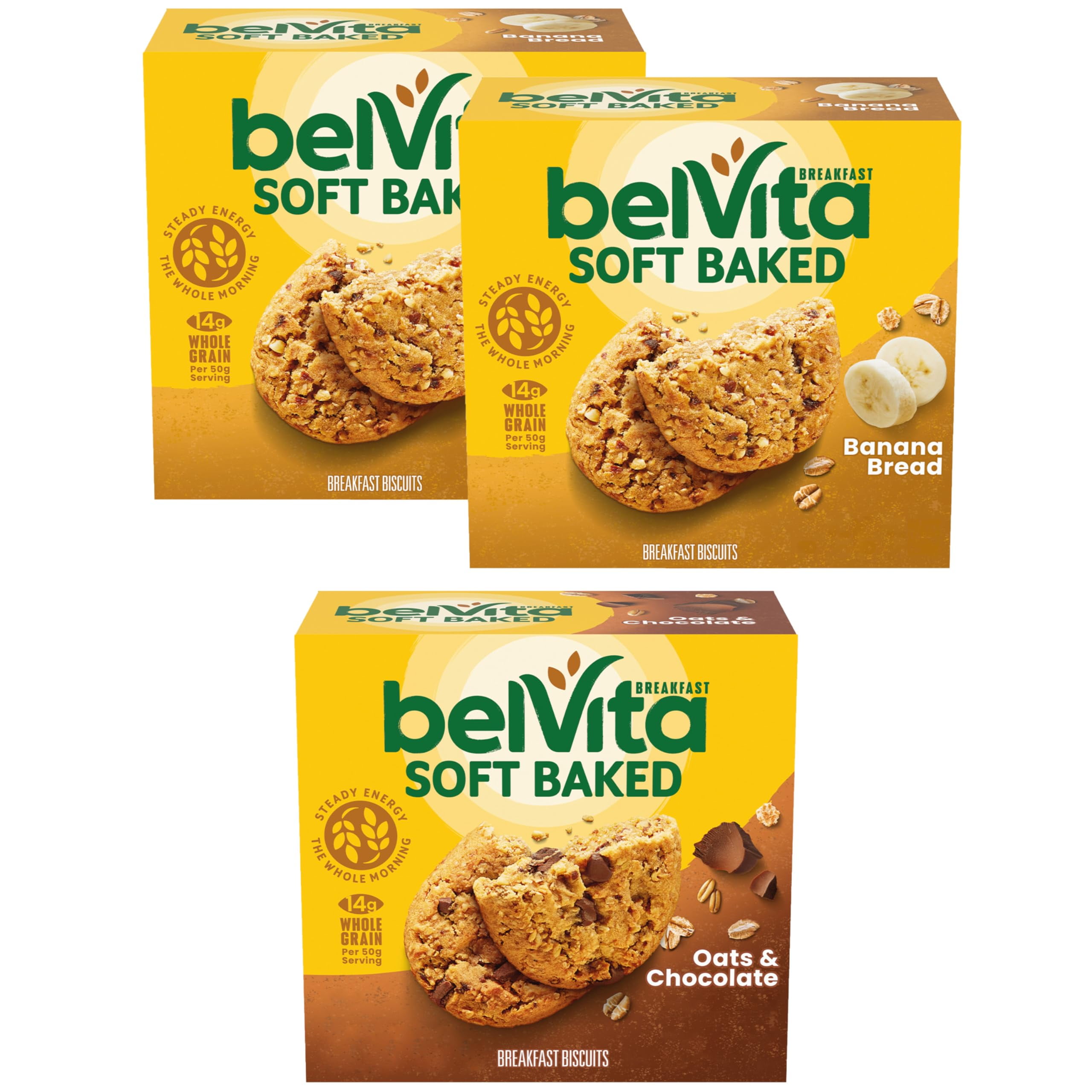 belVita Soft Baked Breakfast Biscuits Variety GJM1&nbsp;Pack, Banana Bread and Oats & Chocolate, Chewy Breakfast Bars, 3 Boxes of 5 Packs (1 Biscuit Per Pack)