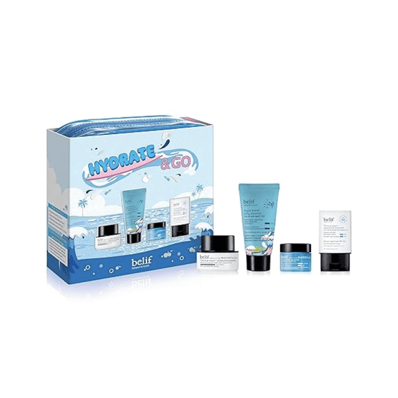belif Hydrate & Go Kit – 4-Step Korean Skincare Gift Set with Toner, Moisturizing Bomb, Jelly Cleanser, Eye Bomb, SPF 45 Sunscreen, TSA-Friendly, Gift Set for her, Mini Travel Essentials