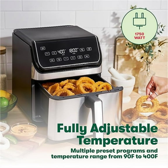 bella 8 Qt Digital Air Fryer with Technology, Large Family Size Nonstick Cooking Basket and Crisping Tray, Multiple Preset Functions, Auto Shutoff, Stainless Steel, 1750 Watt