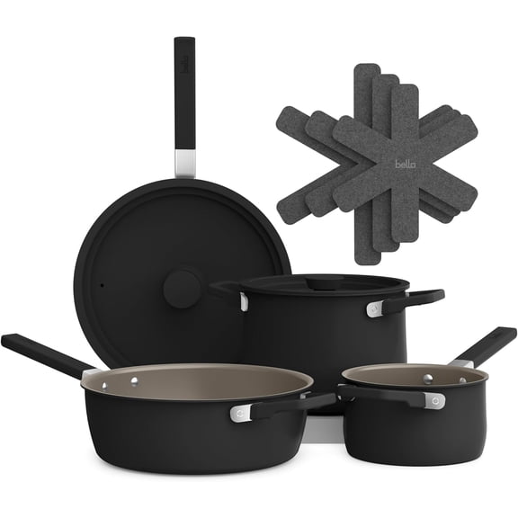 bella 9 Piece Ceramic Nonstick Cookware Set, Fits-anywhere, Stackable Design, Cool Touch Handles, Black
