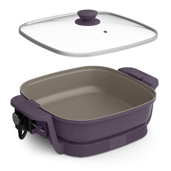 bella 12" Make & Take Electric Skillet with EverGood™ Ceramic Nonstick Coating, Adjustable Temperature, Dishwasher-Safe Glass Lid, Plum