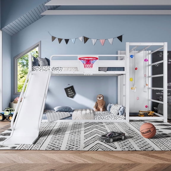 URTR Twin Size Metal Loft Bed with Slide and Basketball Hoop, Loft Bed with Pull-up Rings, Climbing Wall, and Built-in Bookshelves, Playful Design, No Box Spring Needed, Easy Assembly, White