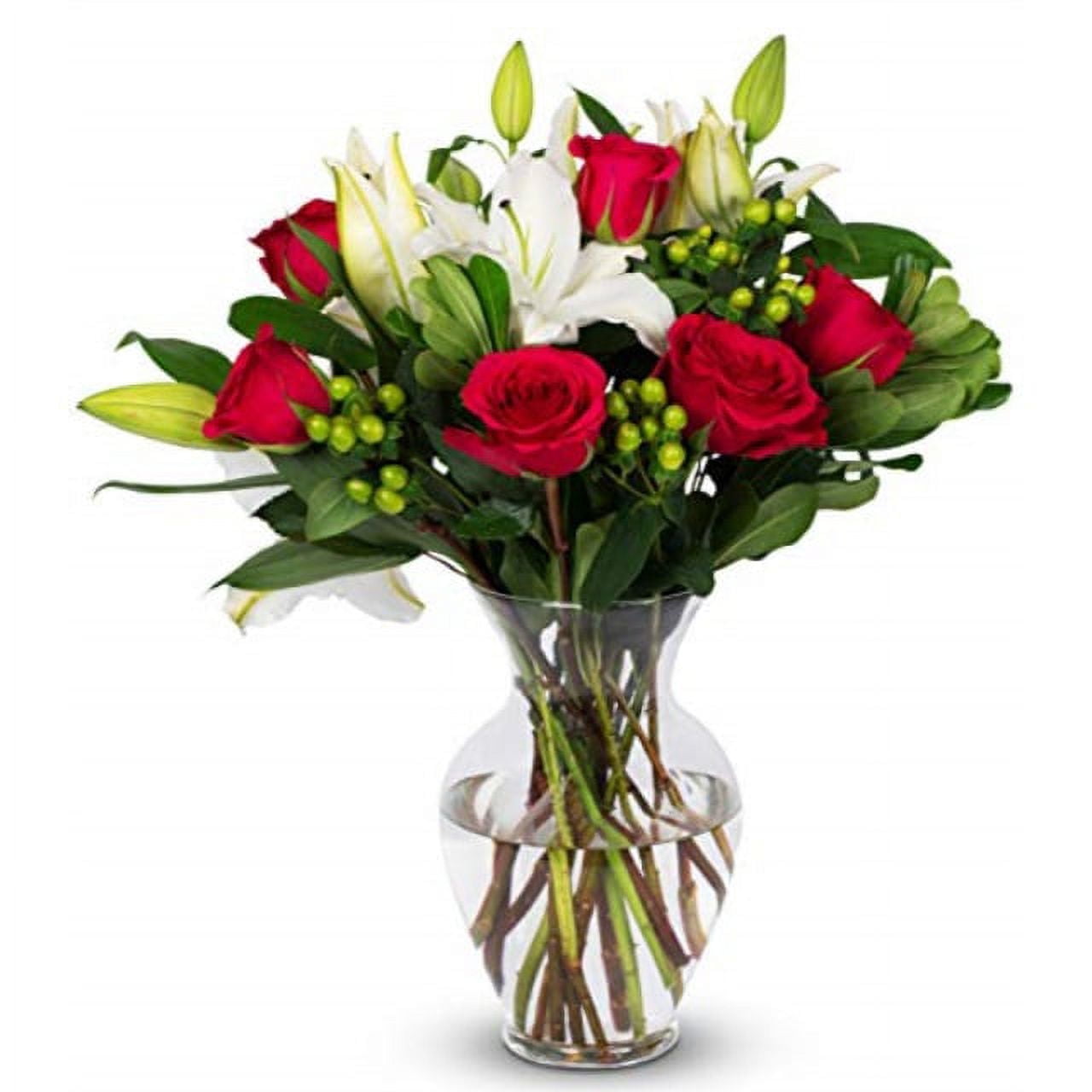 Pink and White Rose Lily Bouquet with Glass Vase