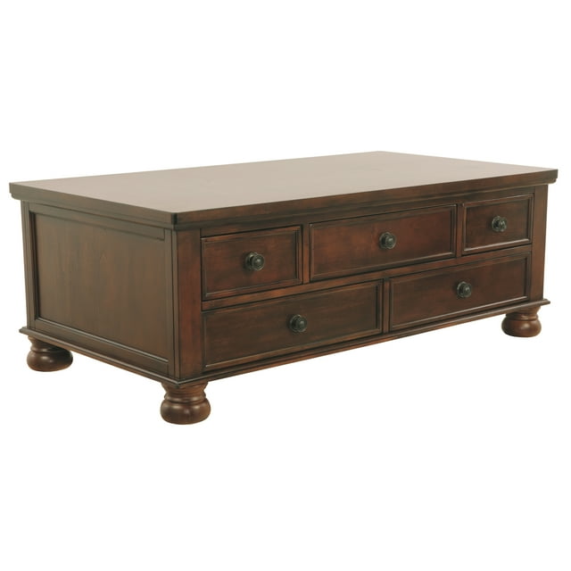 benjara Rectangular Cocktail Table With 5 Drawers and Turned Bun Feet, Brown