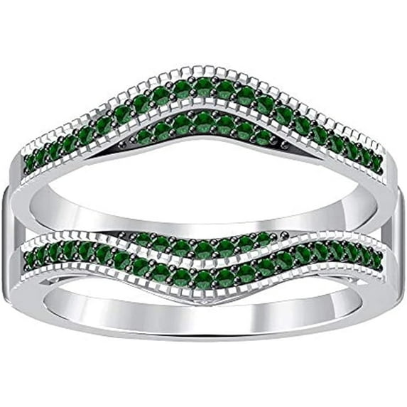 beryl_creation 1.10 Ct Round Cut Green Emerald Wedding Engagement Enhancer Guard Wrap Ring 14K White Gold Plated 925 Sterling Silver For Women's -4