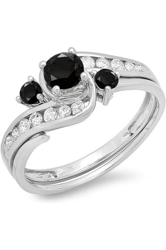 1.15 Ct Round Cut Black & White Diamond Wedding Three Stone Bridal Ring Set 14K White Gold Plated 925 Sterling Silver For Women's -6.5
