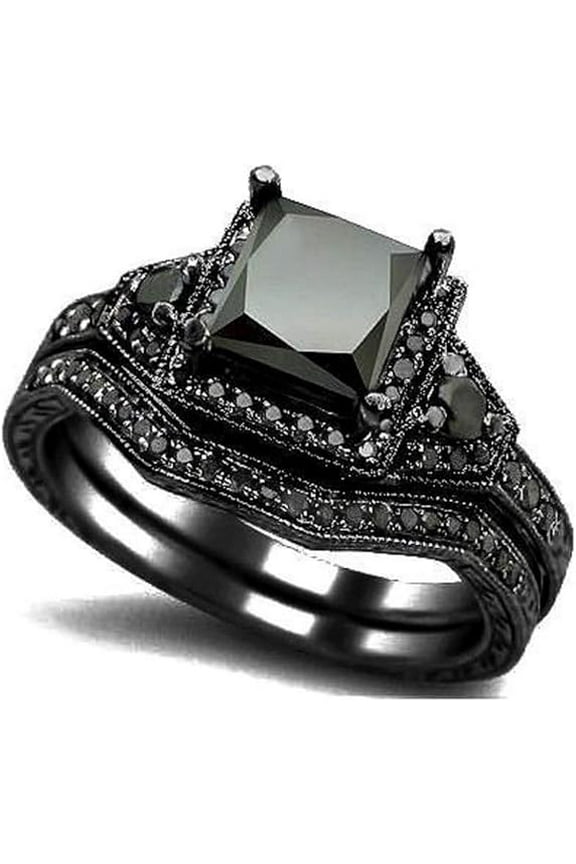 1.20 Ct Princess Cut Black Diamond Wedding Engagement Bridal Ring Set 14K Black Gold Plated 925 Sterling Silver For Women's -6.5