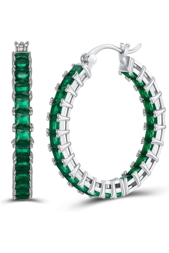 1.20 Ct Princess Cut Green Emerald Hoop Earrings 14k White Gold Over 925 Sterling Silver
