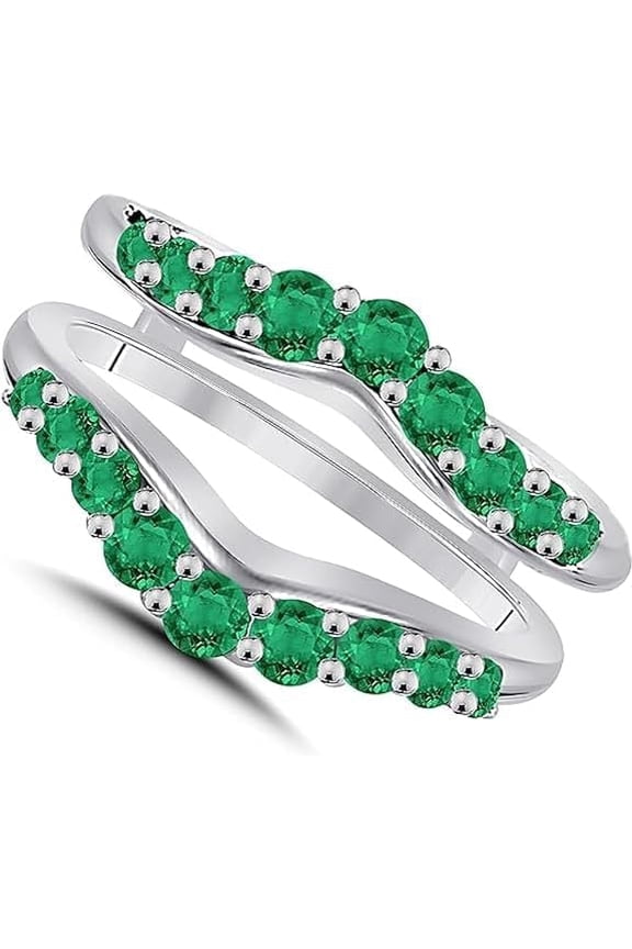 1.25 Ct Round Cut Green Emerald Wedding Engagement Enhancer Guard Wrap Ring 14K White Gold Plated 925 Sterling Silver For Women's -9