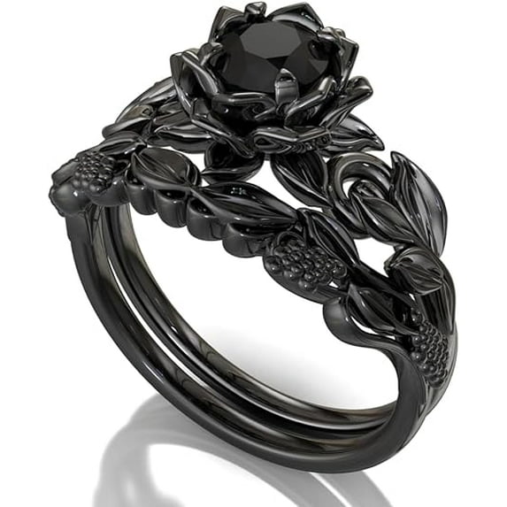 beryl_creation 1.32 Ct Round Cut Black Diamond Wedding Engagement Flower Bridal Ring Set 14K Black Gold Plated 925 Sterling Silver For Women's -6.5